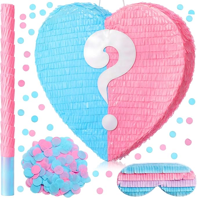17 Inches Gender Reveal Piñata Pink Blue Large Valentine's Sweetheart Heart-shaped Piñata with Stick Blindfold Baby Shower Gender Reveal Valentine's Day Party Decor Romantic Events