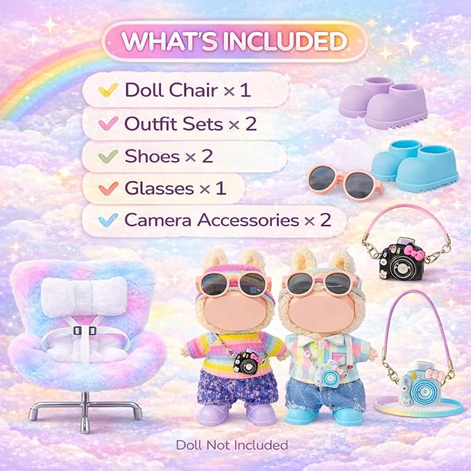 17cm Doll Car Seat and Clothes Set (No Dolls), Includes Doll Seat and 2-Pack Doll Clothes, Perfect for Play and Display, Doll Outfit Accessories for Collectors