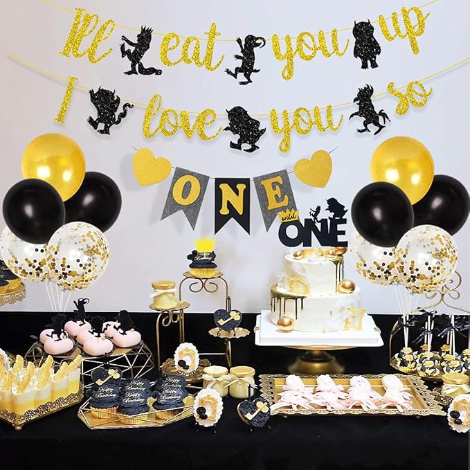 JOYMEMO Wild One Birthday Party Decorations Set, Black Gold Wild One Balloons, I'll Eat You Up I Love You So Banner, Cake Toppers for Boys 1st Birthday Party Supplies