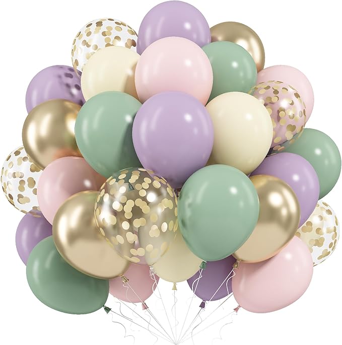 Dusty Green Purple Pink Balloon, 60 Packs 12 Inch Lavender Pastel Pink Balloon Metallic Gold Confetti Balloons for Baby Shower Wedding Tea Wildflower Birthday Party Decorations