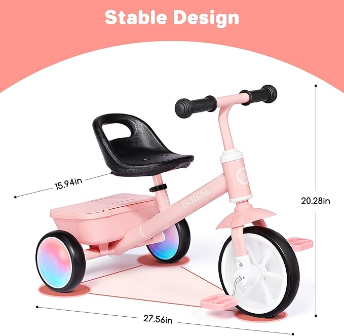 Bobike Toddler Tricycle for Ages 2-5 Years, Tricycle with 2 LED Light Wheels, Toddler Bike with 3-Position Seat and Rear Basket, Kids Bike Gift for Boys & Girl (Pink)