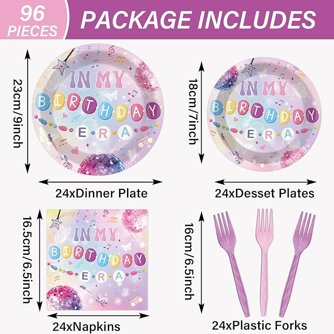 OBUSATT 96 Pcs In My Birthday Era Music Friendship Birthday Party Supplies Pink Singer Themed Disposable Tableware Set Serves 24