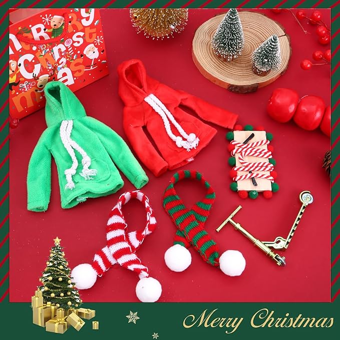 6Pcs Christmas Elf Doll Accessories Set for Boys and Girls Elf Clothes Outfit with Sweatshirt,Scarves,Wooden Swing, Novelty Fun Christmas Elf Accessory for Kids Doll Xmas Decorations
