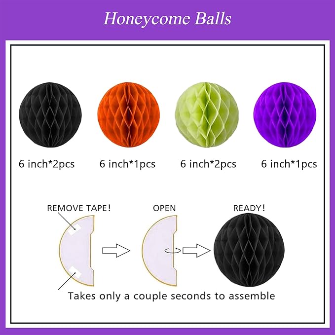 Halloween Party Decorations, Happy Halloween Banner with Honeycomb Balls Paper Circle Garland Triangle Bunting Flag Swirl Streamers for Party Supplies