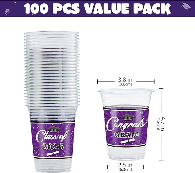 JOYIN 100 Pcs 16oz Graduation Party Plastic Cups (Purple), PET Cup Tableware Bulk for Class of 2026 Graduates, Grad Disposable Cups for 2026 High School College Graduation School Grad Party Supplies