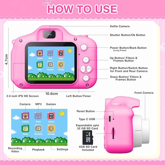Wembley Kids Camera 3–8 Years | Unicorn Digital Selfie & Video Camera 1080P | Rechargeable Toddler Camera with Games | 32GB Card Included | Silicone Cover | Cute Birthday Gift for Girls & Boys - Pink