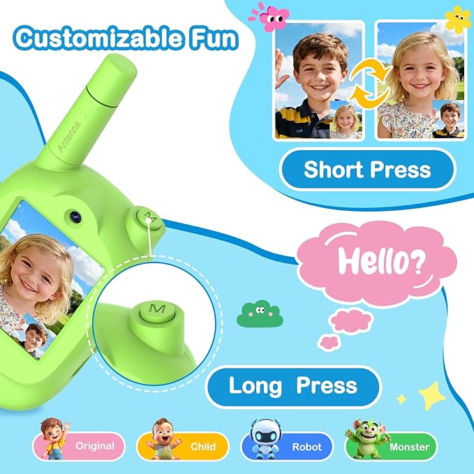 Video Walkie Talkies for Kids, 2 Pack Rechargeable Real-Time Video Chat & Voice Changer Walkies Talkies with Watch Straps, Long Range Family Games, Outside, Gifts for Boys Girls Ages 3-12 Green