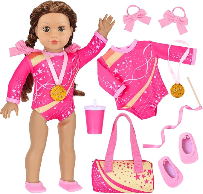 UNICORN ELEMENT 18 Inch Doll Gymnastics Clothes Set - Accessories for 18 Inch Dolls, Total 8 Pcs - Star Shaped Pattern Leotard, Gym Bag Headband, Gift for Girls (No Dolls)