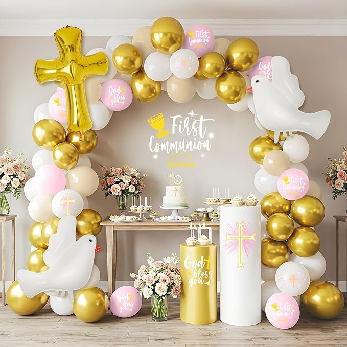 169 Pcs First Communion Decorations Balloons Kit Baptism Party Decorations Pink Metallic Gold Balloons Arch Kit First Holy Communion Decor for God Bless Christening Birthday Theme Party Supplies