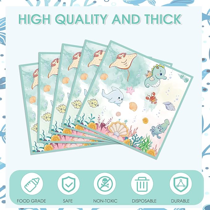 40 Pack Under The Sea Paper Napkins - 6.5x6.5 Inches Disposable 2-Ply Ocean Theme Party Napkins for Summer Beach, Baby Shower Decorations & Under The Sea Dinner Party Supplies