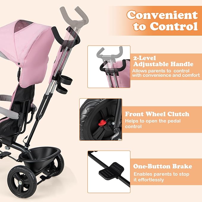 BABY JOY Tricycle, 4 in 1 Toddler Bike w/Removable Canopy, Adjustable Push Handle, Reversible Seat, Safety Belt, Folding Footrest & Storage Basket, Toddler Tricycle for Boys Girls 9-60 Months (Pink)
