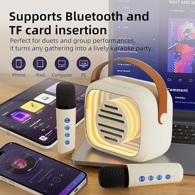 YF93 Mini Karaoke Machine for Kids with Bluetooth Speaker, 7 Voice-Changing Modes, Dual Microphones, Colorful LED Lights, TF Card Support, Portable Singing Gift for Children and Parties(Black)