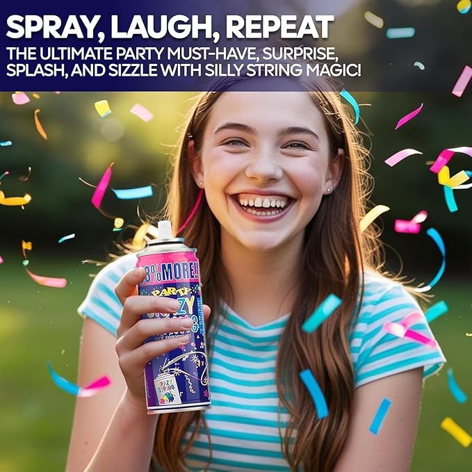 12 Pack Party String Spray (3 oz Each) – Streamer Spray in a Can, Full Color Set with 2 of Each Color, Party Supplies for Kids’ Parties, Birthdays, and Celebrations