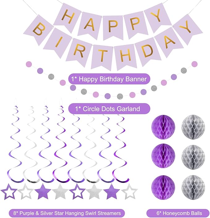 meowtastic Birthday Decorations, Happy Birthday Banner with Honeycomb Balls, Star Hanging Swirl Streamers, Circle Dot Garland, Happy Birthday Party Decoration for Women Men Boys Girls (Purple&Silver)