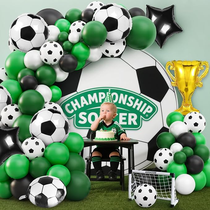 Soccer Party Decorations, 113Pcs 12 10 5 inch Soccer Balloons Garland Arch Kit Green White Black Balloons for Boys Soccer Sports Theme Birthday Party Decorations