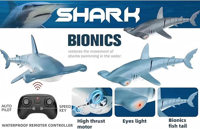 Remote Control Shark for Pool｜1:18 RC Shark & Dual Motors｜One-Touch Dive to 5 ft｜LED 2.4GHz Waterproof RC Submarine Hammerhead Shark Toy｜ Pool Party Gifts for Boys Ages 6-12(2 Batteries)