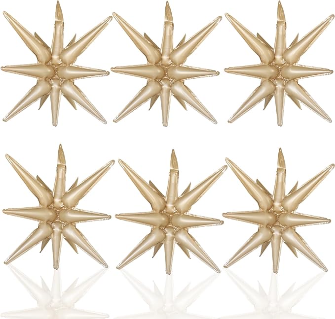 6 Pcs Caramel Colour Star Foil Balloons One-Piece 14-Pointed Star Balloon 4D Starburst Cone Mylar Balloon 22inch Christmas Birthday Wedding Wedding Anniversary Party Supplies(Caramel Colour)