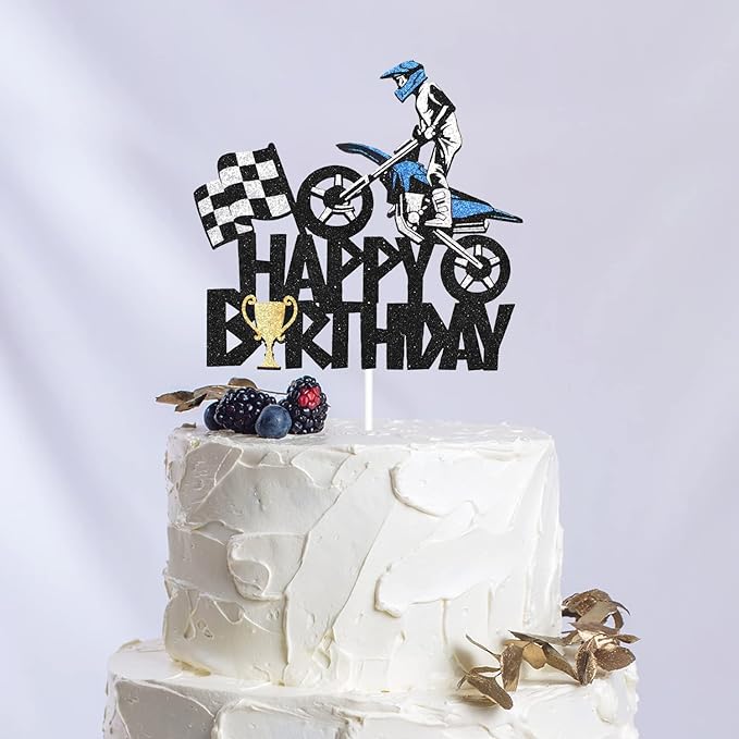 Motorcycle Happy Birthday Cake Topper - Extreme Sports Racing Birthday Party Glitter Autocycle Player Cake Topper - Sport Man Boy Motocross Racing Birthday Party Supplies
