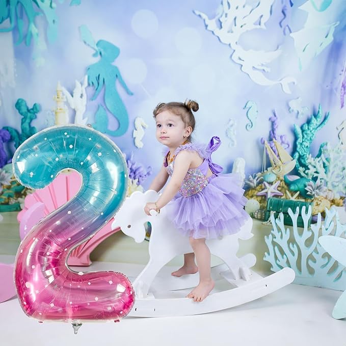 Mermaid 2 Balloons, 40 Inch Giant Rainbow Starry Helium Mylar Foil Number 0-9, Purple Teal 2nd Birthday Balloon for Girls, Blue Pink Morados Numero Two Balloons for Women Anniversary Party Decorations