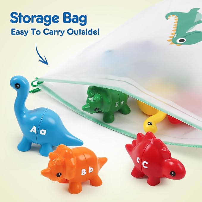 26pcs Alphabet Dinosaurs Matching Toy, Toddlers ABC Learning Dinosaurs with Uppercase Lowercase, Match and Snap Fine Motor Game Preschool Learning Activities, Birthday Gifts for Boys & Girls