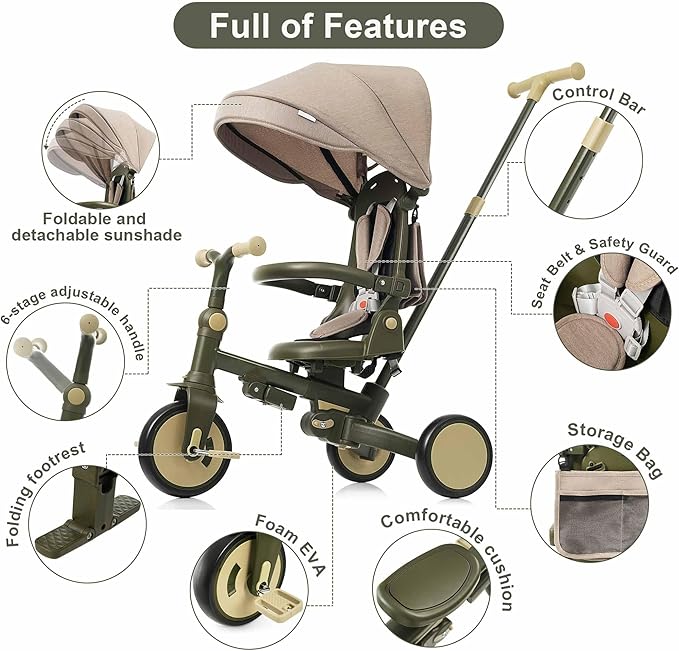7-in-1 Baby Tricycle with Adjustable Parent Handle - Foldable Toddler Bike w/Removable Canopy & Guardrail, Aluminum Alloy Frame Stroller Bike for 1-6 Years Old (12-72 Months) (Dark Green-1)