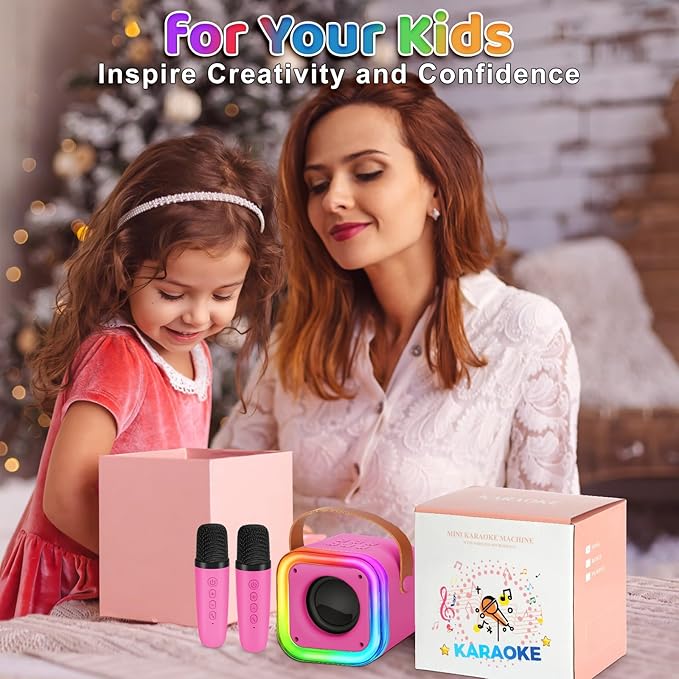 Mini Karaoke Machine for Kids, Girl Toys Gifts, Kids Karaoke Wireless Microphone for 4,5,6,7,8,9,10,11,12 Years Old Boys and Girls Christmas Party Gifts Toys (Rose Color)