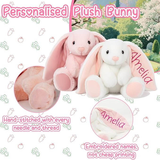 Personalized Bunny Stuffed Animals,Baby Easter Basket Stuffers,Custom Plush Bunny with Embroidered Child’s Name, Baby Girl Boy Gift, Handmade Children Easter First Birthday Plushie Gifts