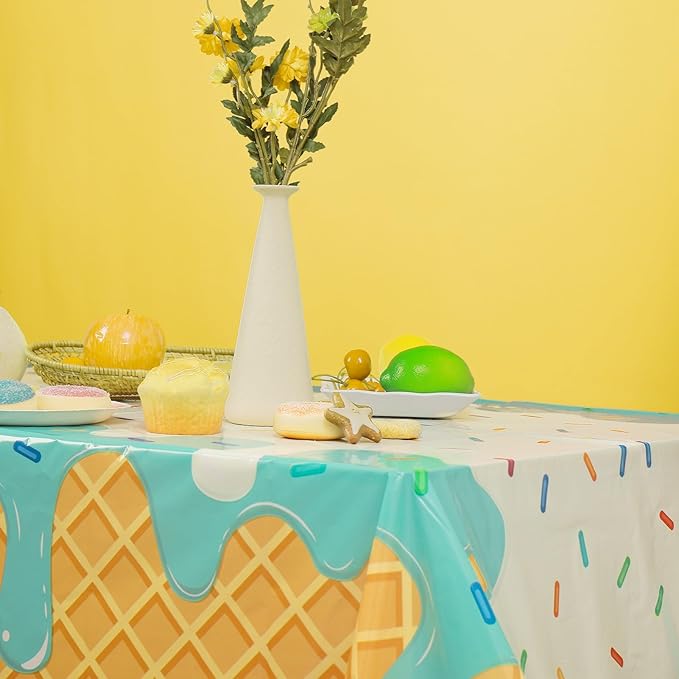 Ice Cream Party Supplies, 4 Pack Ice Cream Disposable Tablecloth 54 x 108 in Waterproof Plastic Rectangular Table Cover for Birthday, Summer Party, Baby Shower, Sweet Dessert