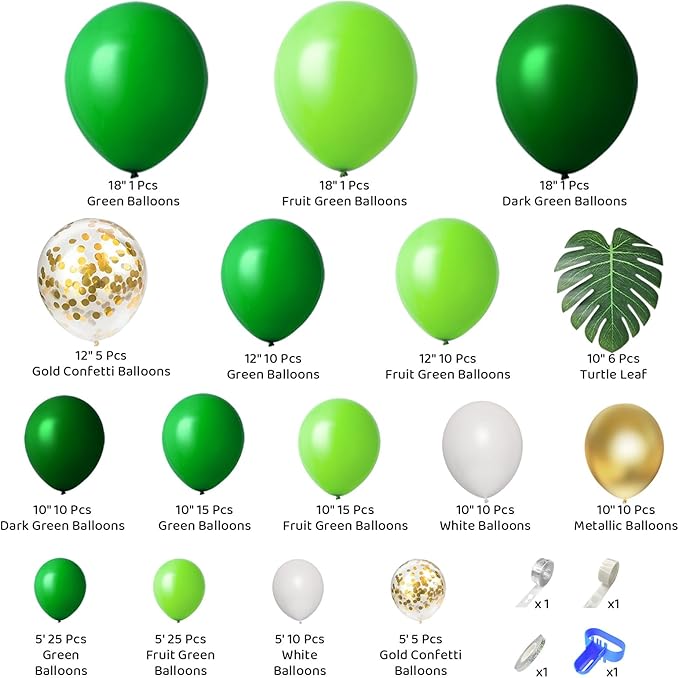 Amandir 163Pcs Jungle Party Balloons Garland Arch Kit, Gold Lime Green Balloons with Artificial Tropical Palm Leaves for Dinosaur Safari Decorations Wild One Birthday St Patricks Day Party Supplies