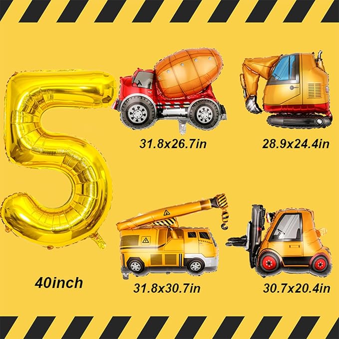 Construction Birthday Party Supplies 5 Year Old, Large Construction Balloons 40Inch Gold Number 5 Balloon Construction Truck Foil Balloons for Boys 5th Construction Birthday Party Decorations
