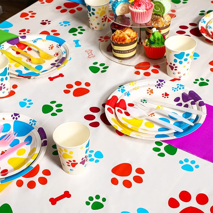 Tegeme 3 Pcs Puppy Paw Print Tablecloth 54 x 108 Inch Plastic Disposable Dog Paw Print Table Cover Colorful Dog Cat Decorations for Pet Party Birthday Baby Shower Supplies