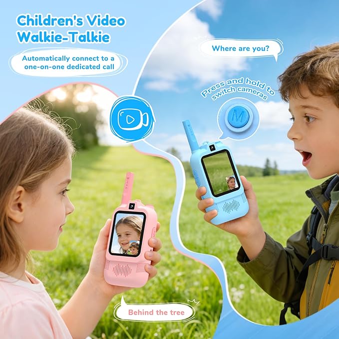 2026 Upgraded Video Walkie Talkies for Kids, 2-Pack Rechargeable Video Walkie-Talkie Toys, Toys for Boys and Girls Ages 3-12, Suitable for Family Games, Outdoors, Camping (Blue & Pink)