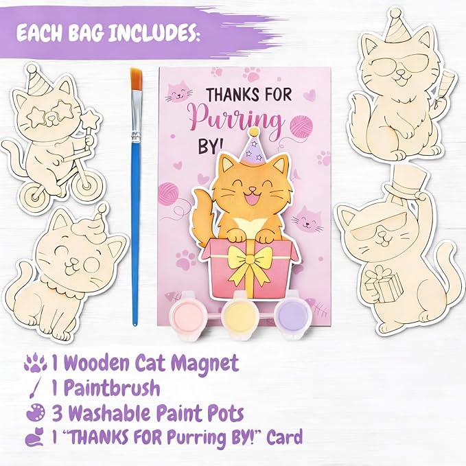 12 Pack Cat Party Favors for Kids - Individually Wrapped Paint Your Own Wooden Magnet Kits, Cute Pink Kitten Themed Party Supplies for Girls