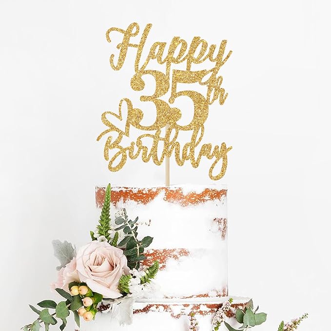 Happy 35th Birthday Cake Topper, 35th Birthday Decorations, Cheers to 35 Years, Hello 35, 35th Happy Birthday Party Supplies Gold Glitter
