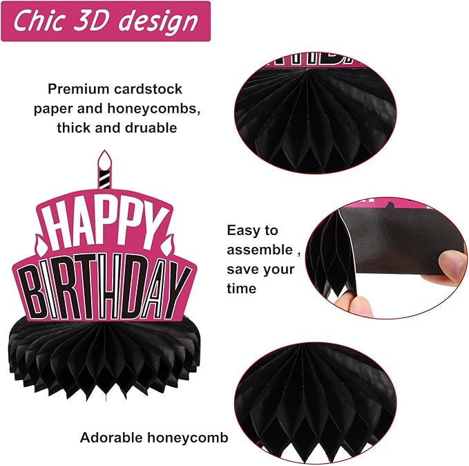 Pajean 8 Pieces Pink and Black Birthday Party Honeycomb Centerpieces Pink and Black Table Centerpieces Decorations Table Centerpiece Sign for Kids Adults Party Supplies