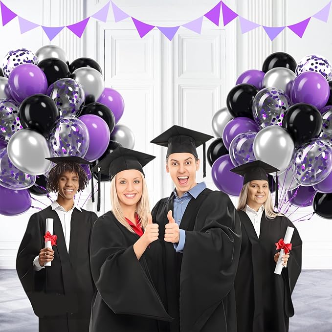 60pcs Purple and Black Balloons 12inch, Purple and Silver Balloon with Metallic Silver Confetti Balloons for Bridal Shower Graduation Birthday Party decorations