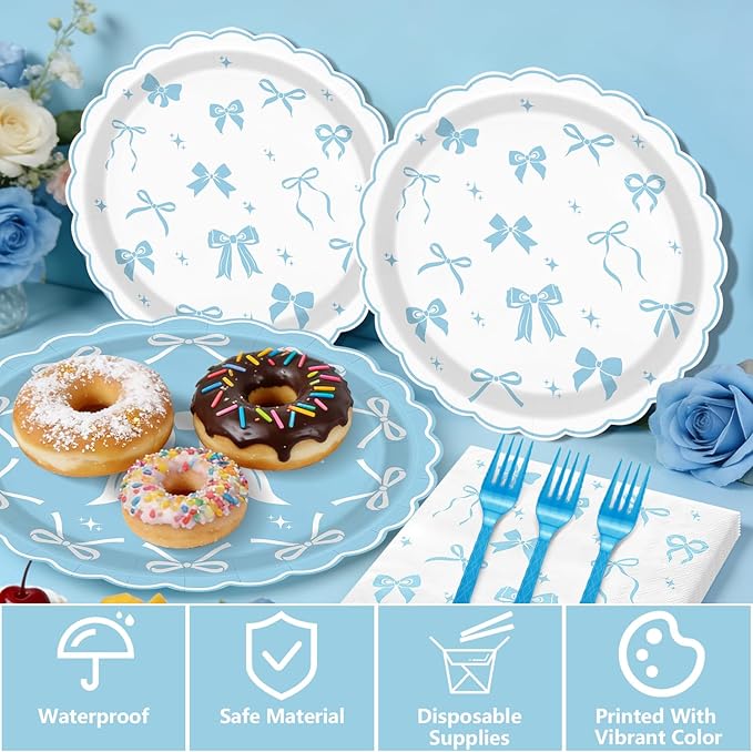 Blue Bow Party Supplies Set for 20 Guests, Including Tablecloths, Forks, Napkins and Plates for Blue Bow Birthday Decorations Coquette Birthday Party Bachelorette