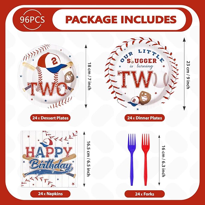 96 Pcs Baseball Birthday Decorations Disposable 2nd Birthday Party Paper Plates and Napkins Baseball Sports Themed Party decorations Tableware Set for Boys Girls Kids Supplies, Serves 24