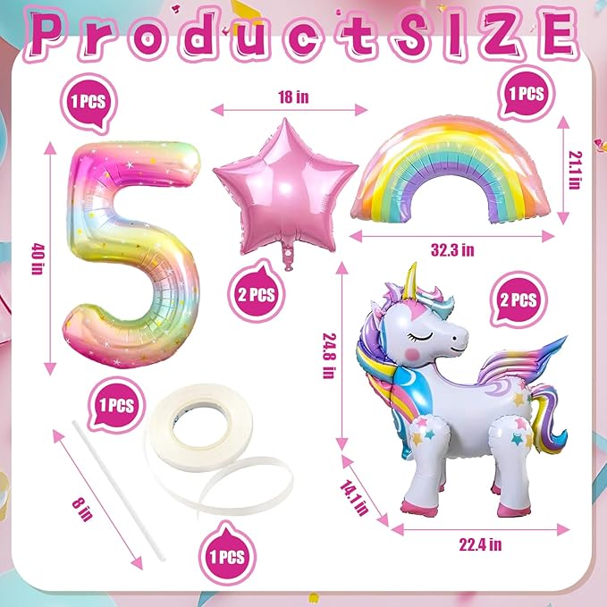 6PCS Self Standing Unicorn Balloons, Unicorn Balloon, Large Rainbow Balloon, Colorful Number 5 and Star Balloons for Girl 5th Birthday Party Decorations Supplies.(5th)