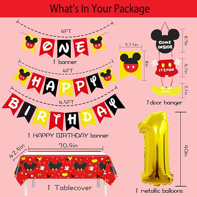 1st Mouse Birthday Party Supplies Decorations 58Pcs Happy Birthday ONE Banner Tablecloth 1 Foil Balloon Hat Door Sign Cupcake Topper Video Game Party Decorations for Boys Girls Kids Babies