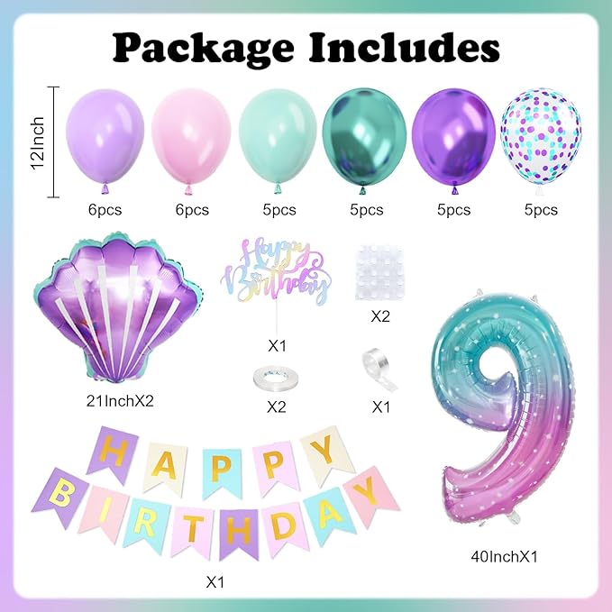9th Mermaid Birthday Decoration,Metallic Purple Pink Green Blue Latex Balloons for Girls Party Decoration Number 9 Seashell Foil Balloons Banner Cake Topper Sea Decorations 9 Year Old Decor