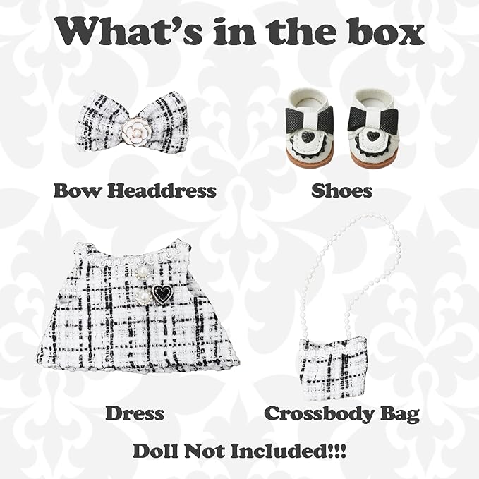 Clothes Compatible with LABUBU Doll – 4PCS Elegant Tweed Set, 17cm Doll Clothes Designer Outfit for Classic Monochrome Theme, Chic Stylish Accessories for Labubu, No Doll (Coco White Check)