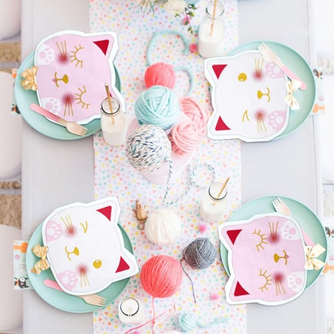 100Pcs Cat Napkins, 10.2 x 11.4 Inches Cute Kitty Party Napkin, Pink White Paw Print Paper Napkins, Cat Birthday Decorations Kitten Napkin for Kids Pet Kitty Birthday Party Supplies
