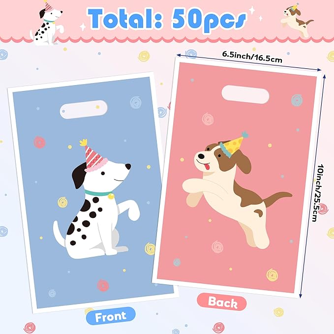 3sscha 50Pcs Pet Dog Birthday Party Favor Bag - Puppy Retro Plastic Waterproof Goodie Bags Cute Animal Vintage Rectangular Party Gift Bulk for Kids Baby Shower Decoration Supplies