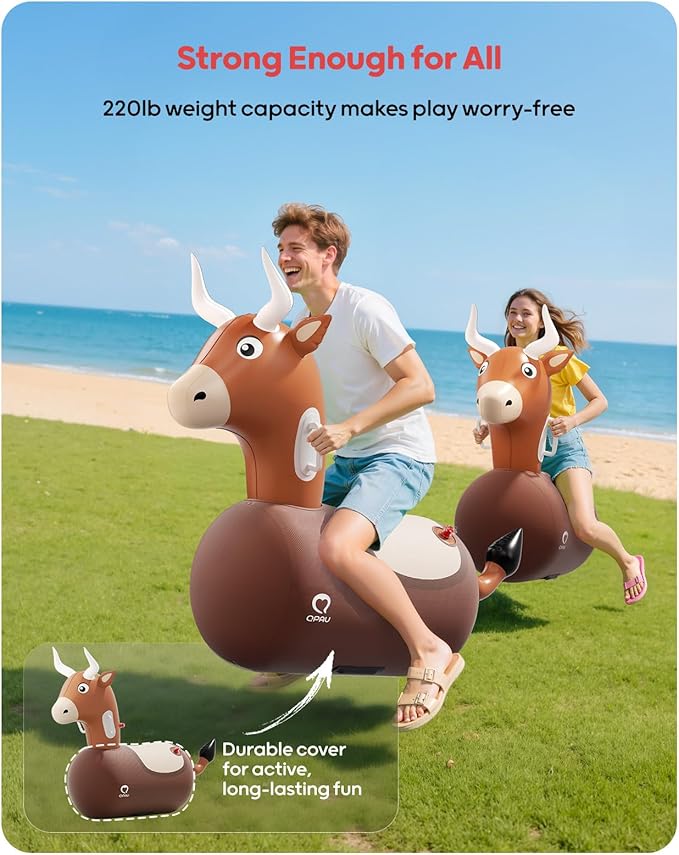 QPAU 2 Pack Large Inflatable Bull Hopper Bouncy Toy, 250lbs High Capacity Ride-on Animal for Kids & Adults, Soft Fabric Cover & Pump, Durable Puncture-Resistant Bouncer for Family Party Gift