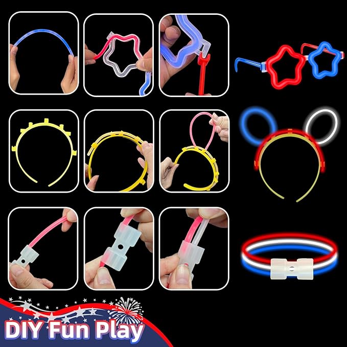 180 Pcs 4th of July Light Up Party Favors,12 Red White Blue Star Glasses 6 Headbands 12 Bracelets 150 Patriotic Glow Sticks Bulk with Connectors Glow in the Dark Party Supplies 250th Anniversary USA
