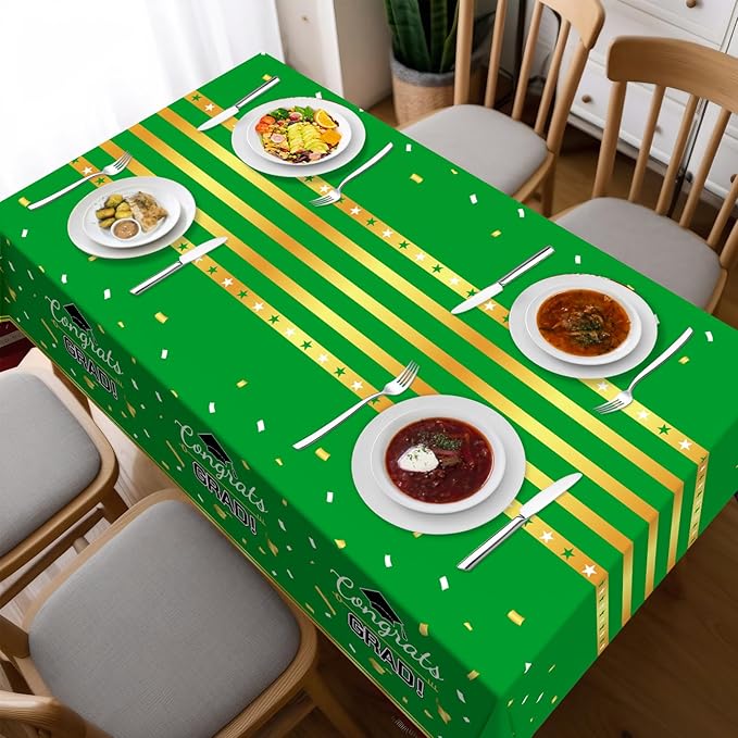 Childom 3 Pack Graduation Tablecloth,Graduation Decorations Class of 2026 Graduation Party Decorations,54"x108" Green and Gold Plastic Table Cloth Disposable Rectangle for Home,School,Party Supplies