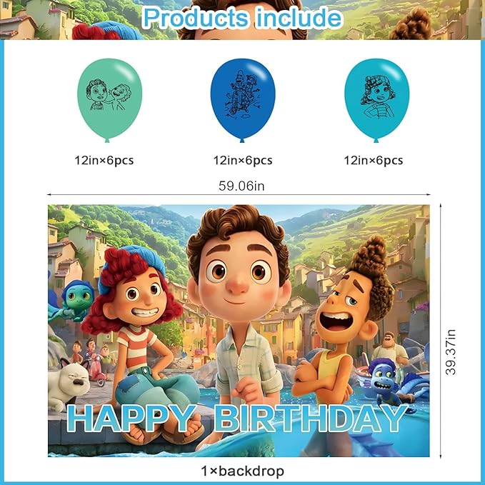 Luca Birthday Party Decoration,Cartoon Party Photo Background 5 x 3 FT and 18 Pcs Balloon,Merch Party Backdrop Supplies