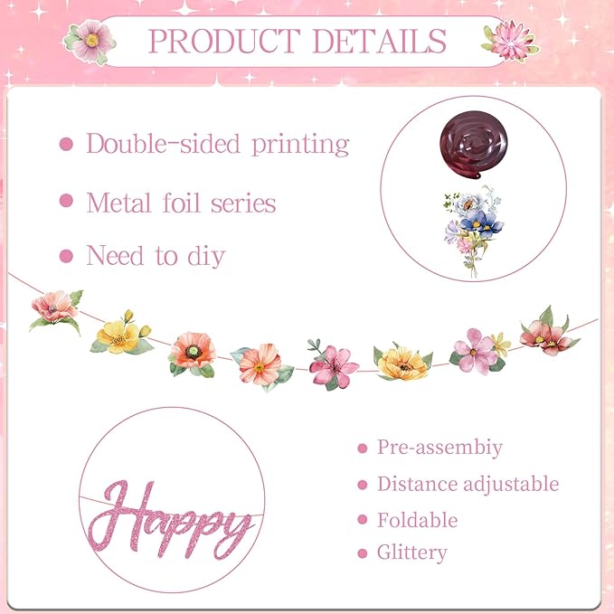 Wildflower Happy Birthday Decorations - 10 Pcs Birthday Party Decorations for Girls Glitter Banner Garland Floral Hanging Swirls Decor Flower Decoration for Women Party Supplies