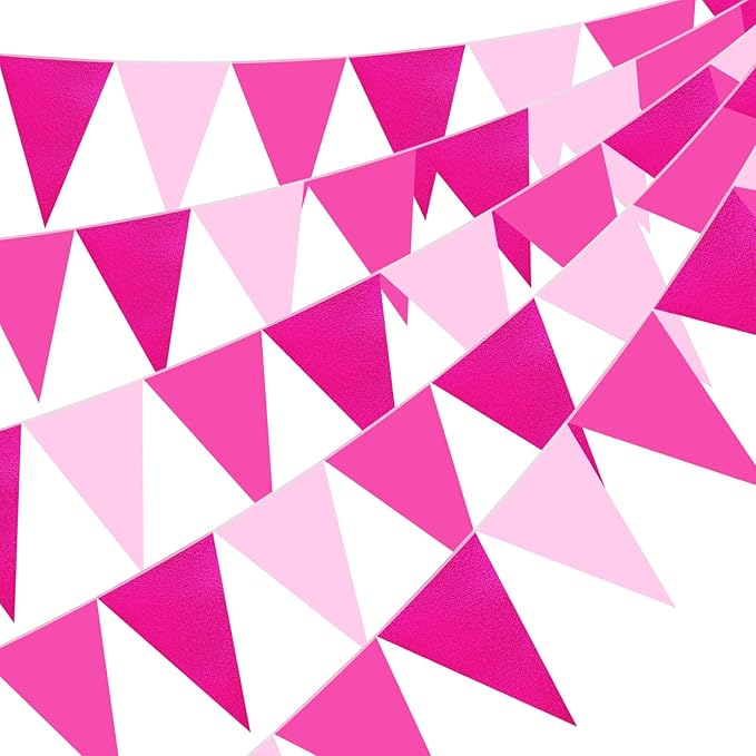 Tiamon 5 Pcs Pink Birthday Banner Decoration Hot Pink Pennant Bunting Garland 49.2 ft Glitter Triangle Flag for Bachelorette Wedding Bridal Shower Anniversary Flamingo Theme Party Supplies